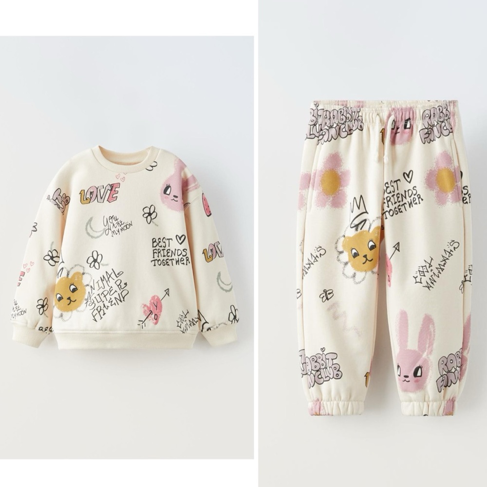 Zara Printed Plush Animal Sweat Shirt Pants Outfit Bundle